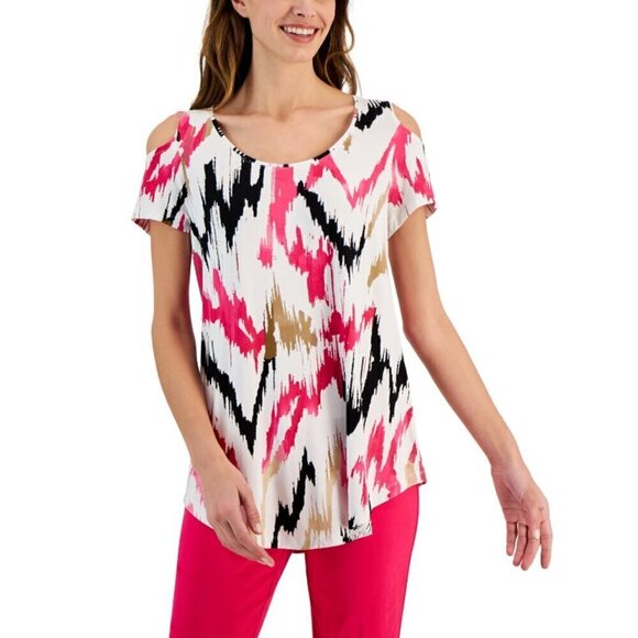 JM Collection Petite Medium Cold-Shoulder Pink, White & Black Printed Top NWT - Picture 1 of 6